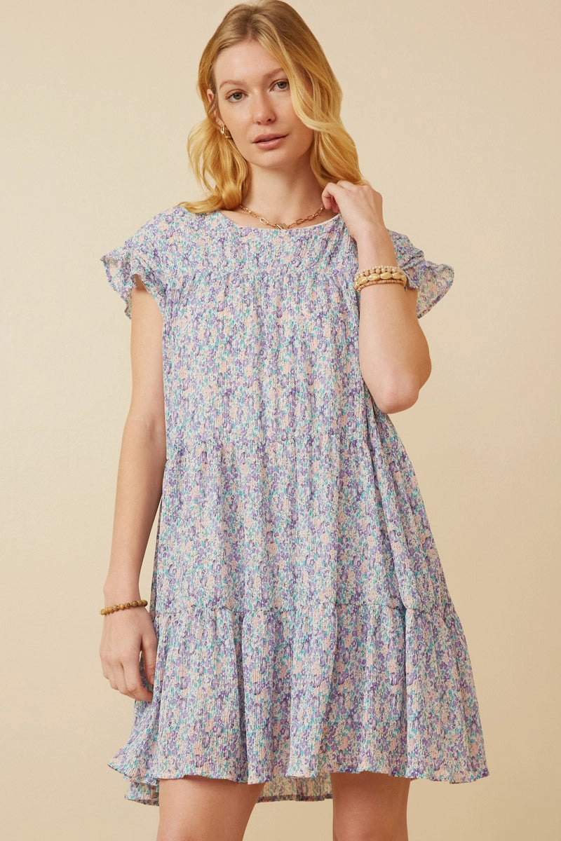Crinkle Pleated Floral Ruffle Shoulder Dress Chill Mode