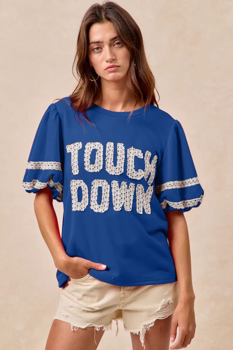 Cold Weather Fashion Use IT4581S-01 | GAMEDAY THEME SLEEVE TOP WITH TOUCH DOWN PATCHWORK