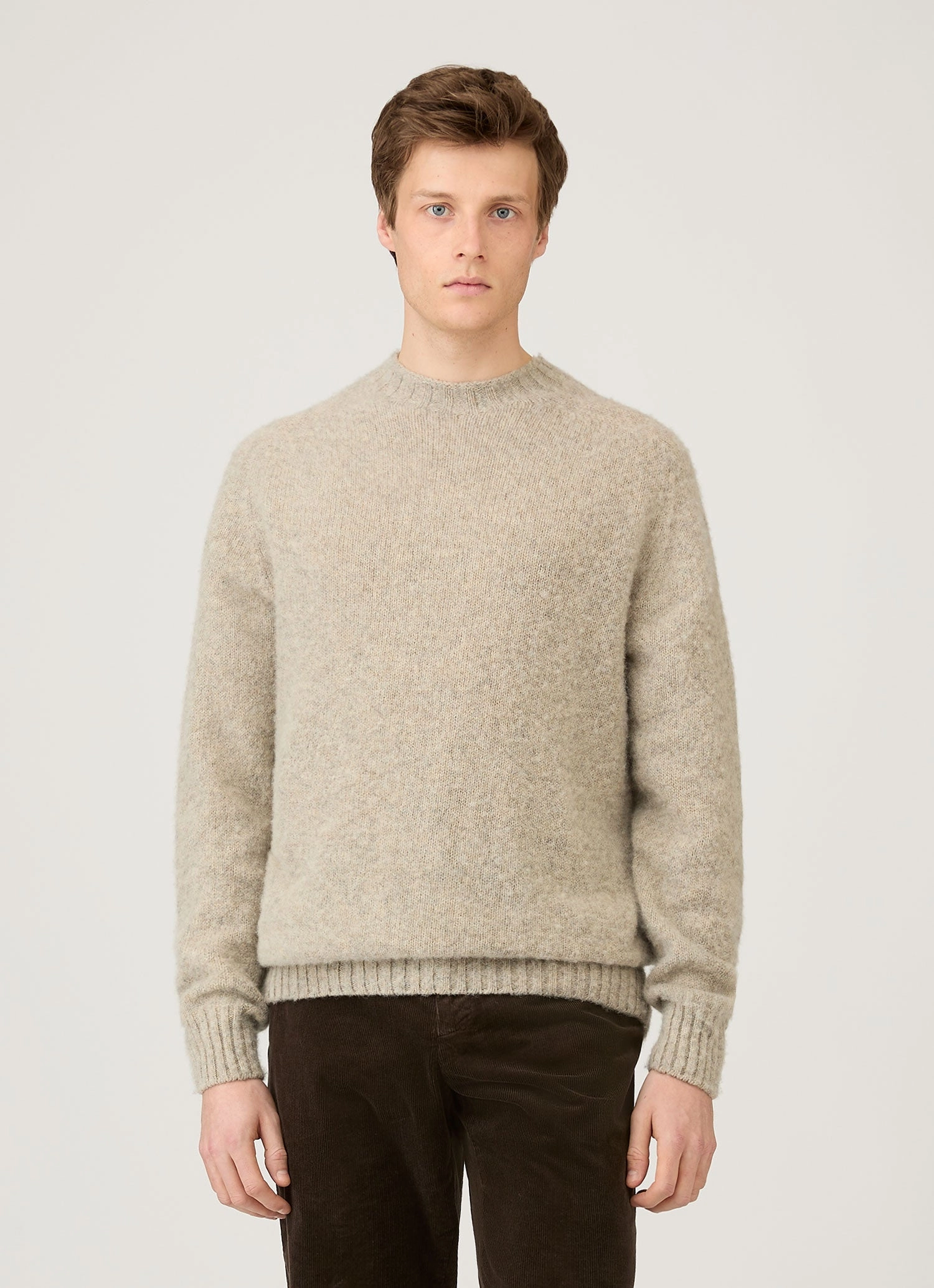 Crisp Non-deforming Men's Shetland Crew Neck Jumper in Oatmeal Melange