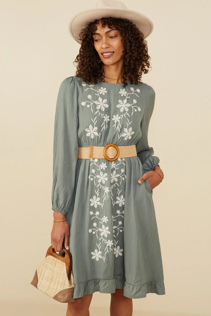 Floral Embroidered Ruffle Hem Long Sleeve Dress Smart Look