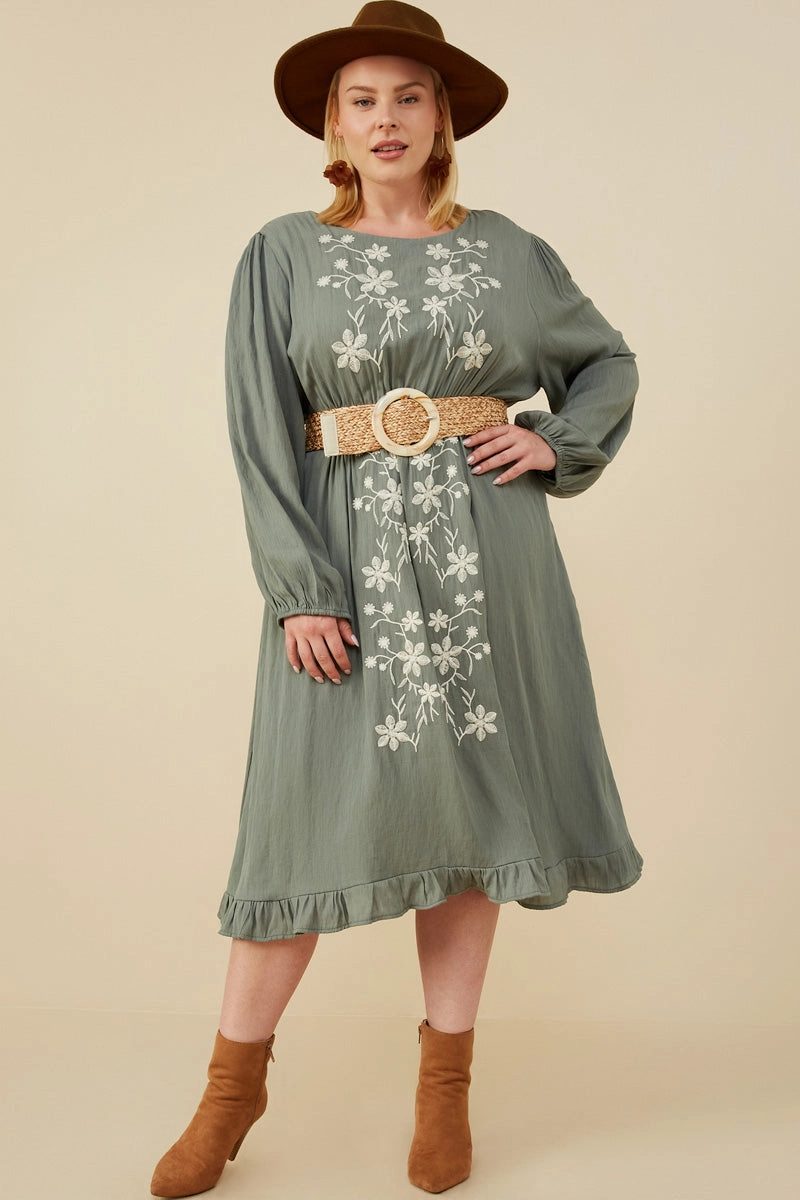 Soft fabric piece Floral Embroidered Ruffle Hem Long Sleeve Dress