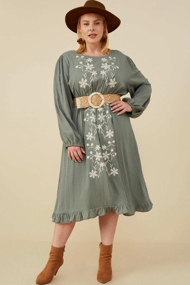 Floral Embroidered Ruffle Hem Long Sleeve Dress Mid layer tailored look