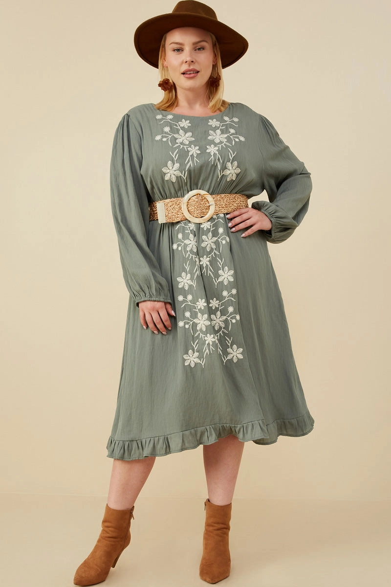 Floral Embroidered Ruffle Hem Long Sleeve Dress Satin Grace Bold colors
