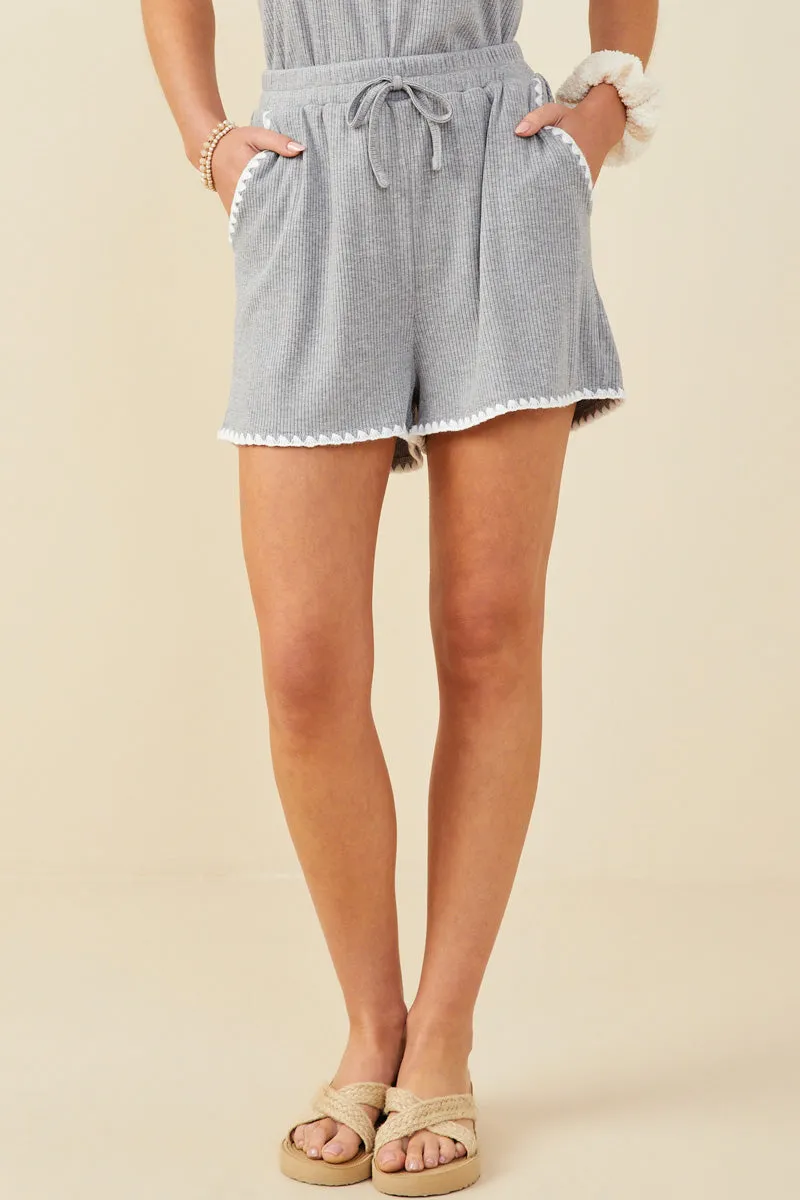 Crochet Stitch Detail Ribbed Knit Boxer Shorts Sporty Style