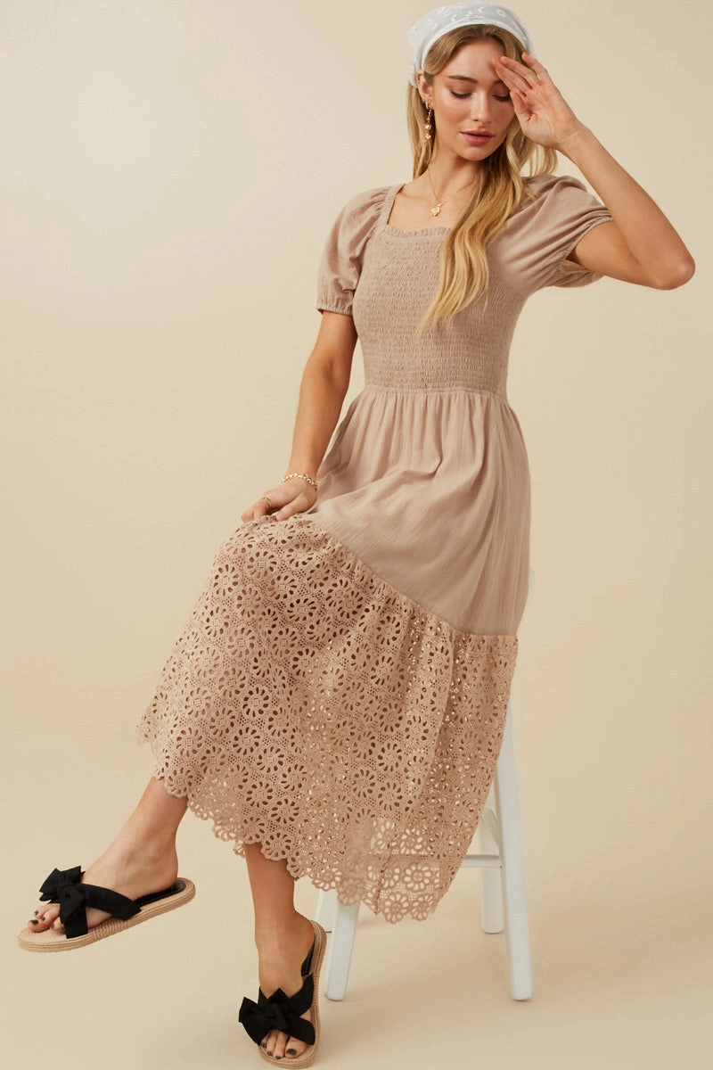 Crochet Eyelet Hemmed Smocked Dress Wide Hemline