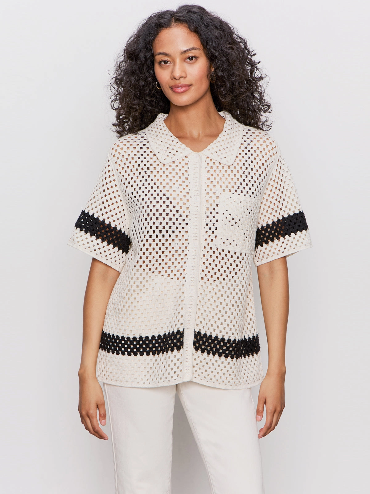 Crochet Resort Shirt Macrame Black Classic Wear