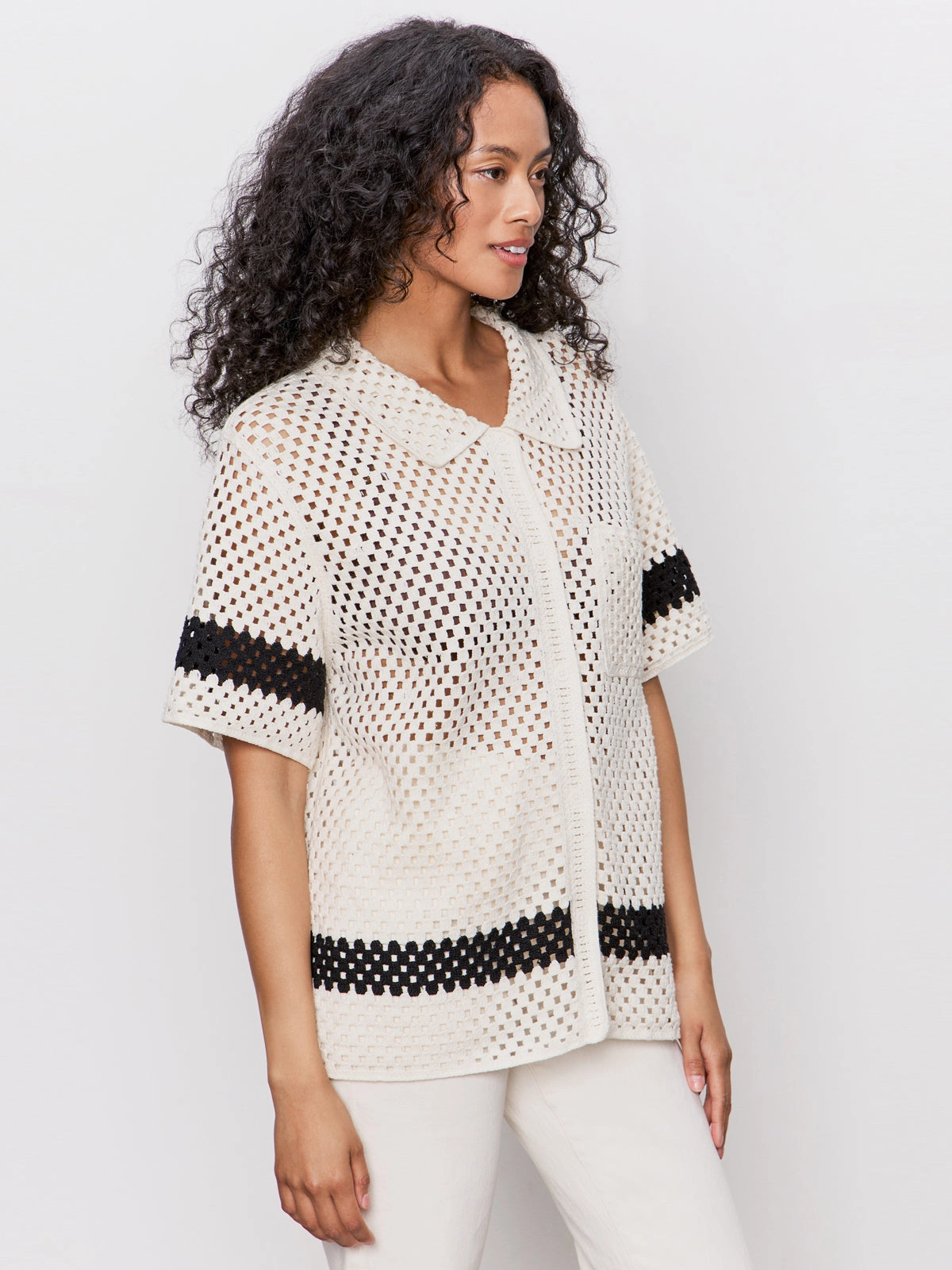 Crochet Resort Shirt Macrame Black Classic Wear