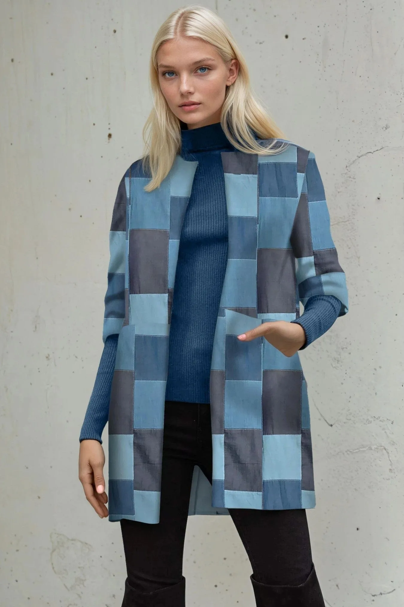 Car Coat - Denim Patchwork Tailored Coat