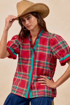 IT4082G-03 | CHRISTMAS PLAID WOVEN CONTRAST PUFF SLEEVES BLOUSE Versatile staple