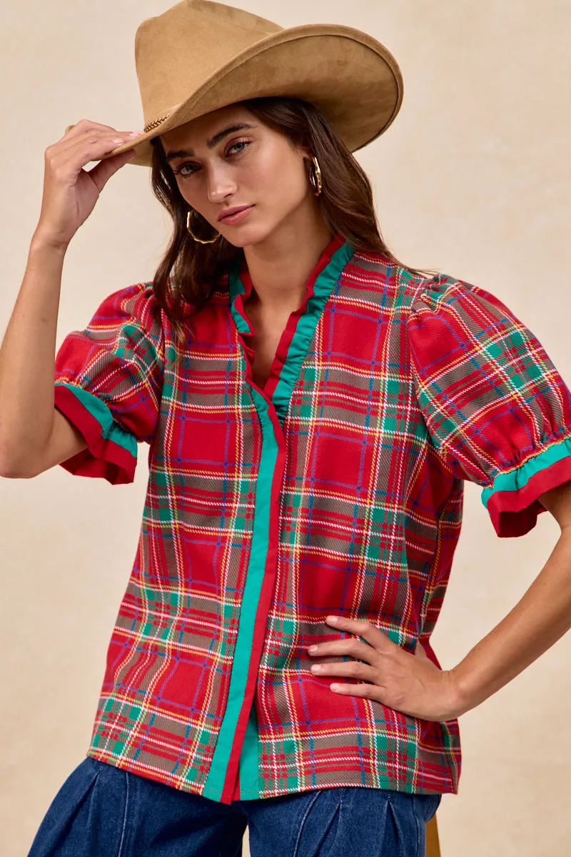 IT4082G-03 | CHRISTMAS PLAID WOVEN CONTRAST PUFF SLEEVES BLOUSE Versatile staple