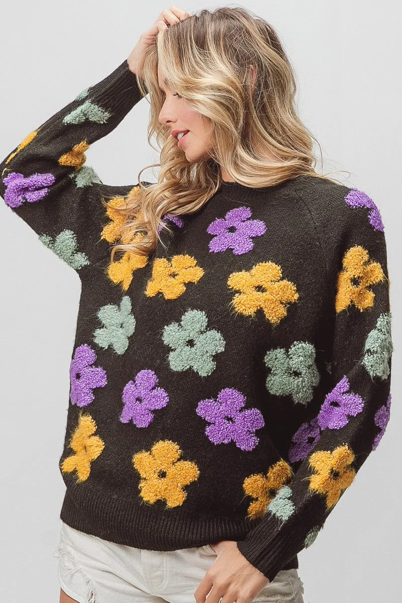 Stretchable IP6448-04 | MULTI COLOR FLOWER EMBROIDERY KNIT PULLOVER