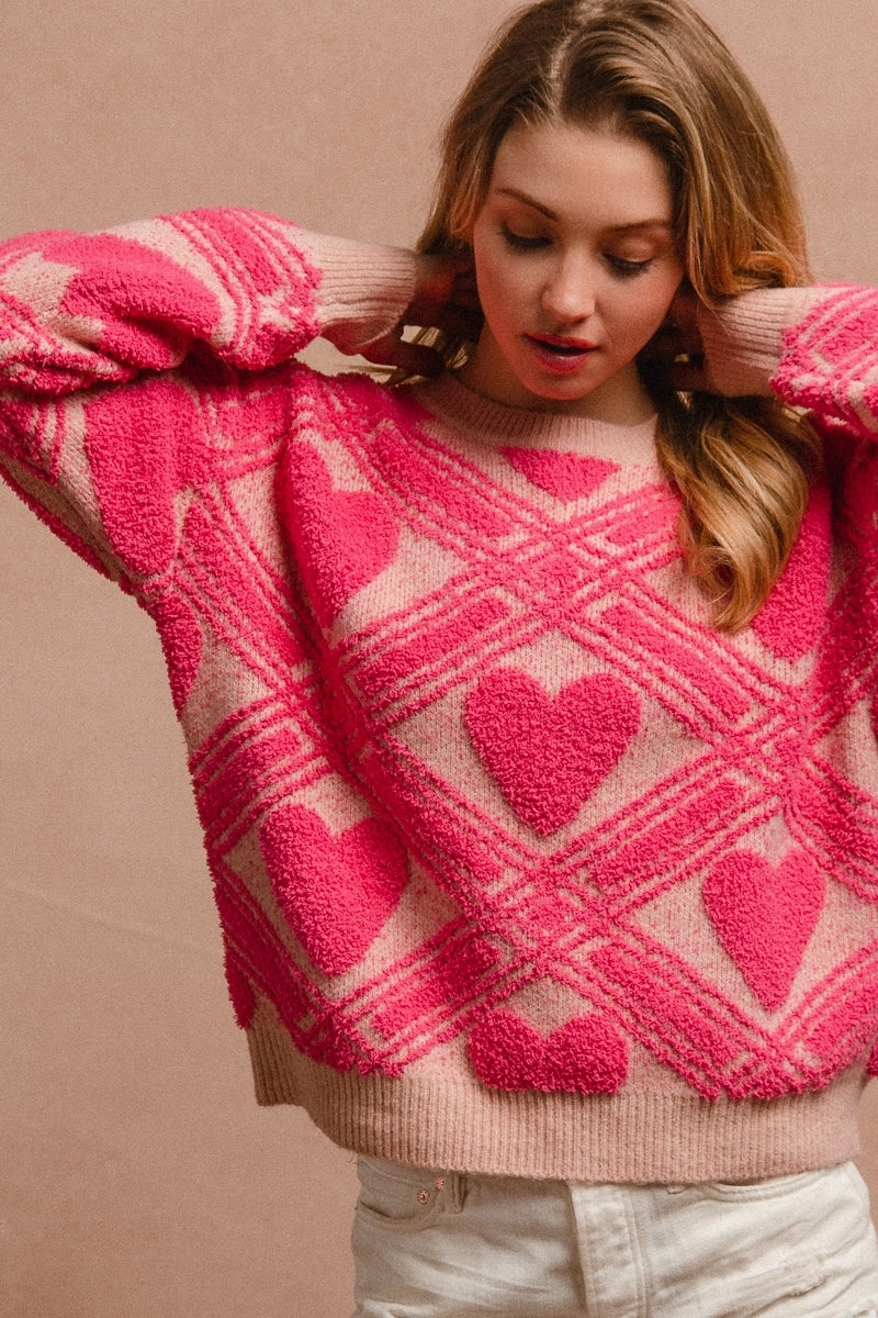 Roomy Fit All-Season Wear IT1249S-12 | HEART PRINTED TEXTURED SWEATER TOP