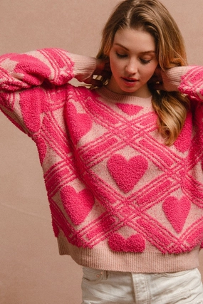 Roomy Fit All-Season Wear IT1249S-12 | HEART PRINTED TEXTURED SWEATER TOP