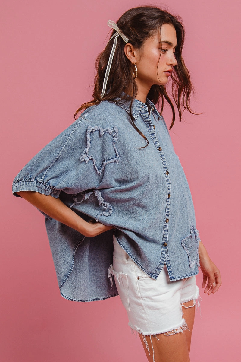 IP8892S-61 | WASHED DENIM FRAYED EDGE DETAIL STAR PATCH BLOUSE Winter Layering Piece