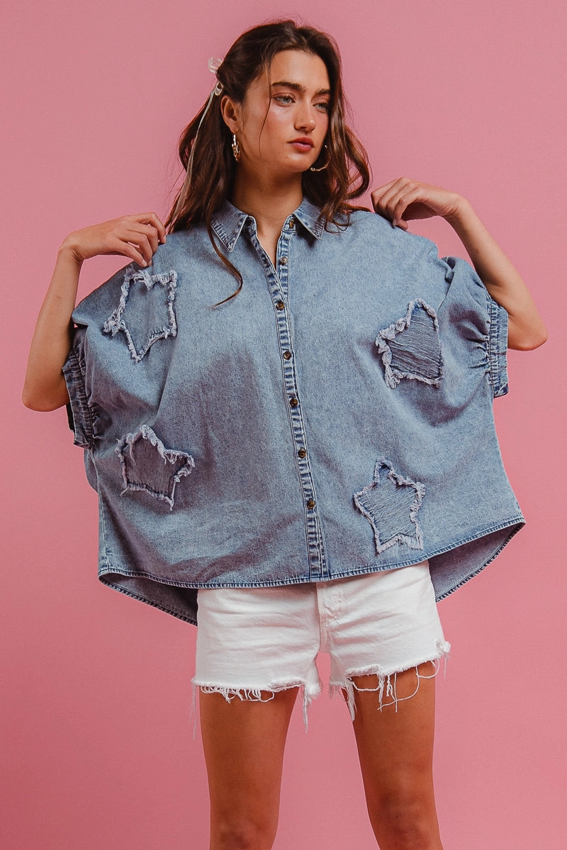 IP8892S-61 | WASHED DENIM FRAYED EDGE DETAIL STAR PATCH BLOUSE Layered Look Stylish Basics