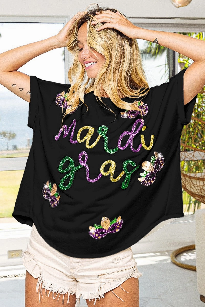 IP8188J-12 | MARDI GRAS TINSEL SEQUIN MASK TOP Sheer Look Repair-Friendly