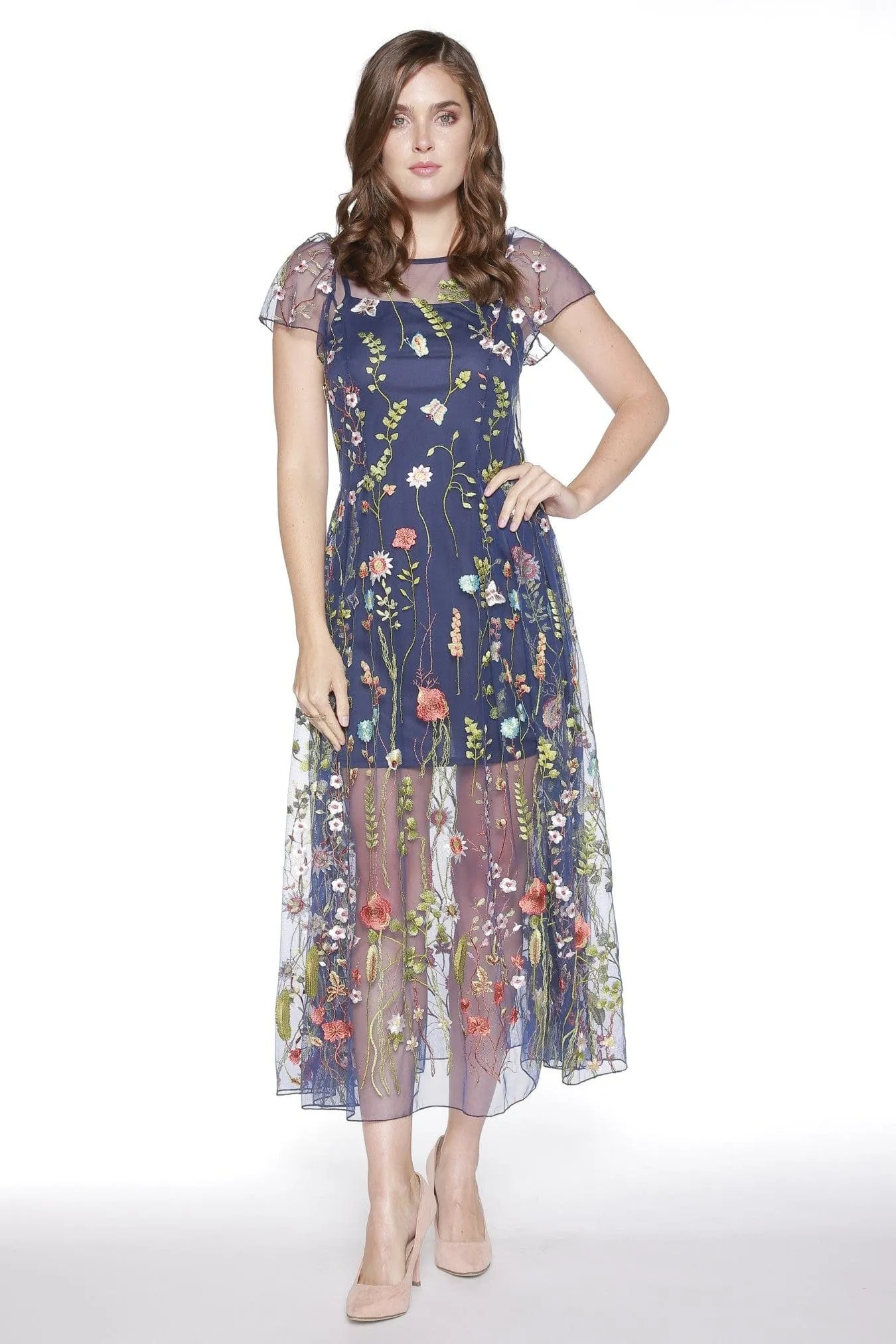 Erika Dress - Navy Floral Church Scene Party Safe
