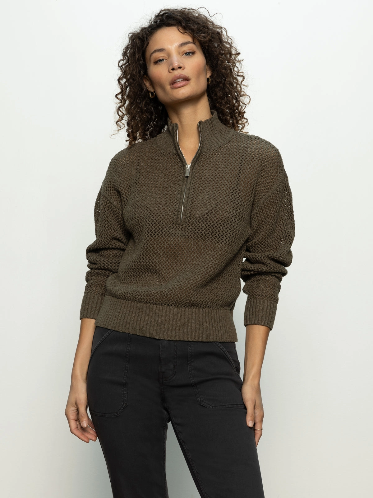Day-to-Day Style Open Knit Half-Zip Sweater Kalamata