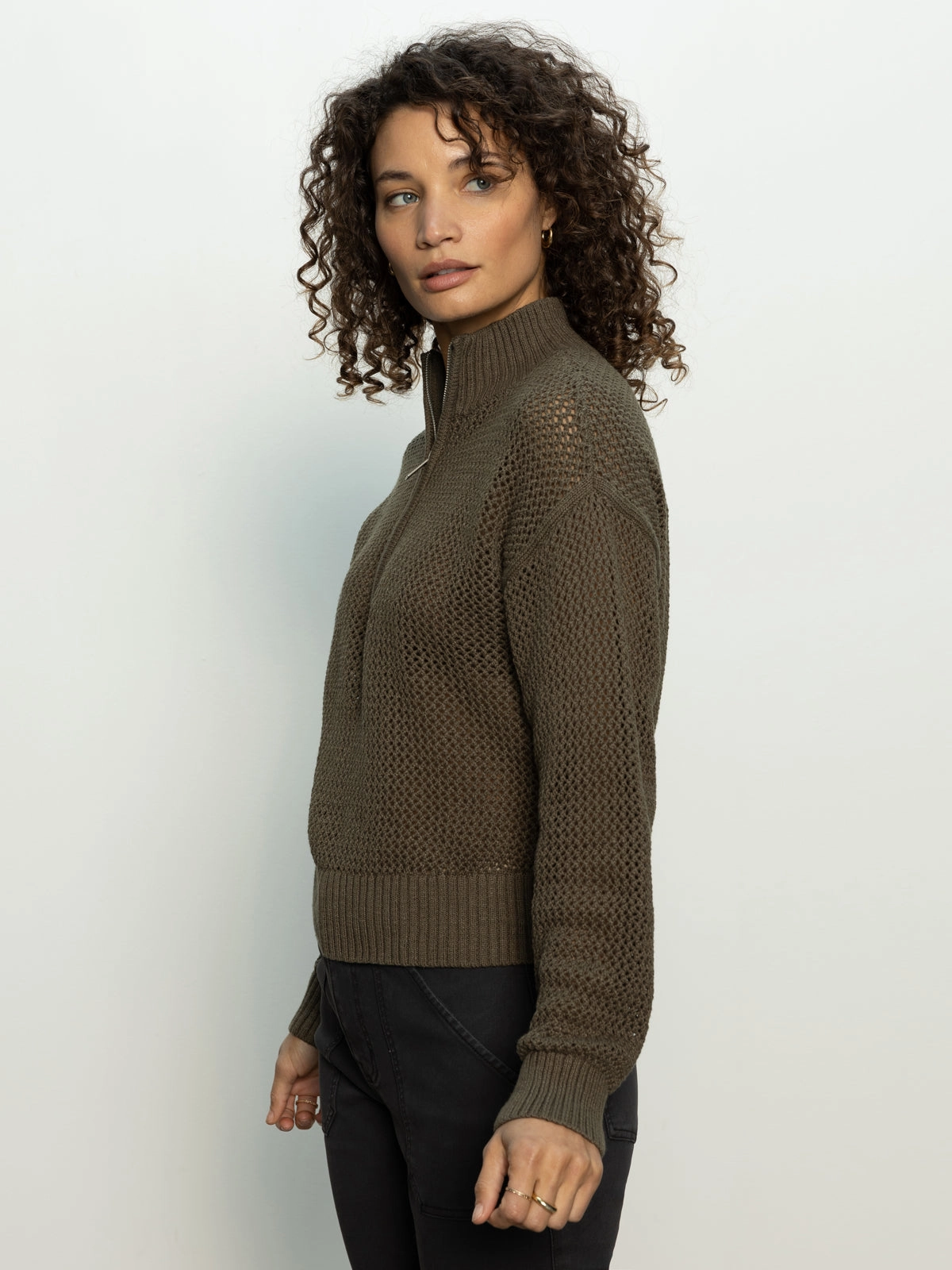 Day-to-Day Style Open Knit Half-Zip Sweater Kalamata