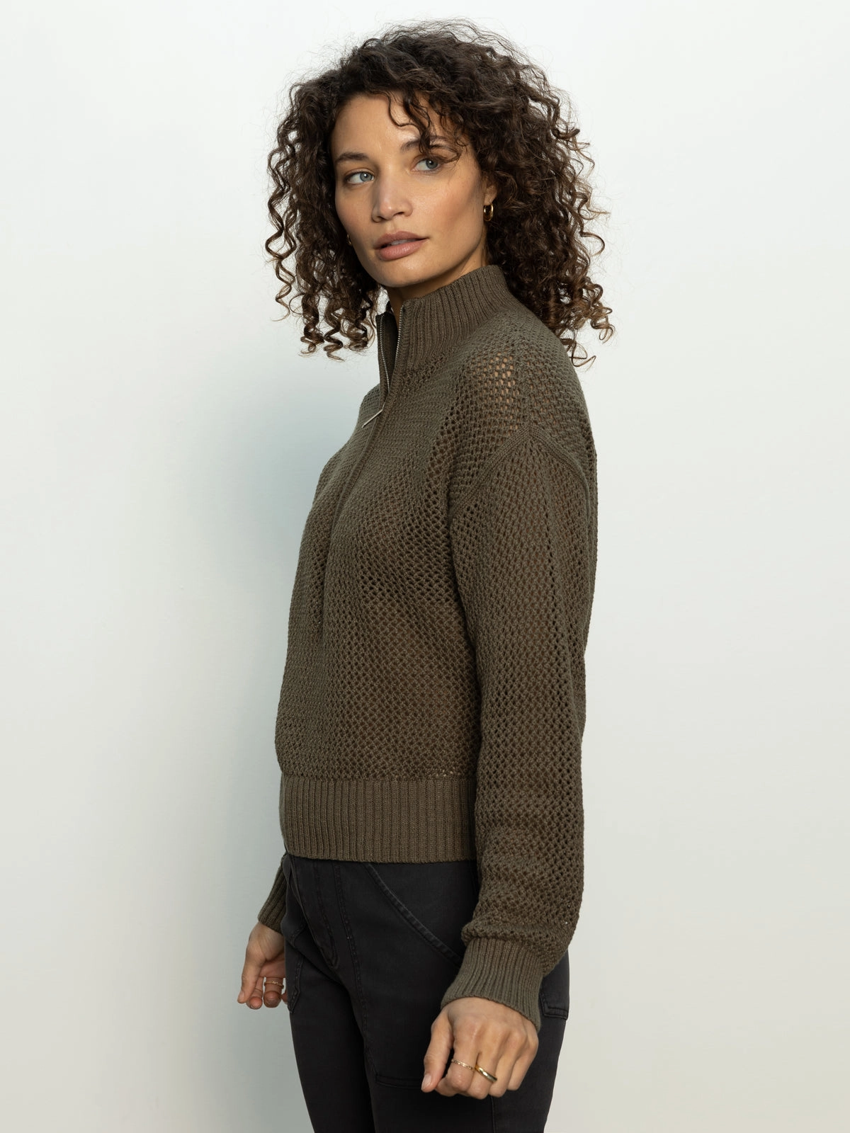 Day-to-Day Style Open Knit Half-Zip Sweater Kalamata
