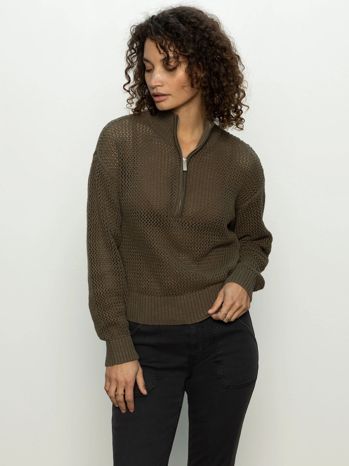 Day-to-Day Style Open Knit Half-Zip Sweater Kalamata