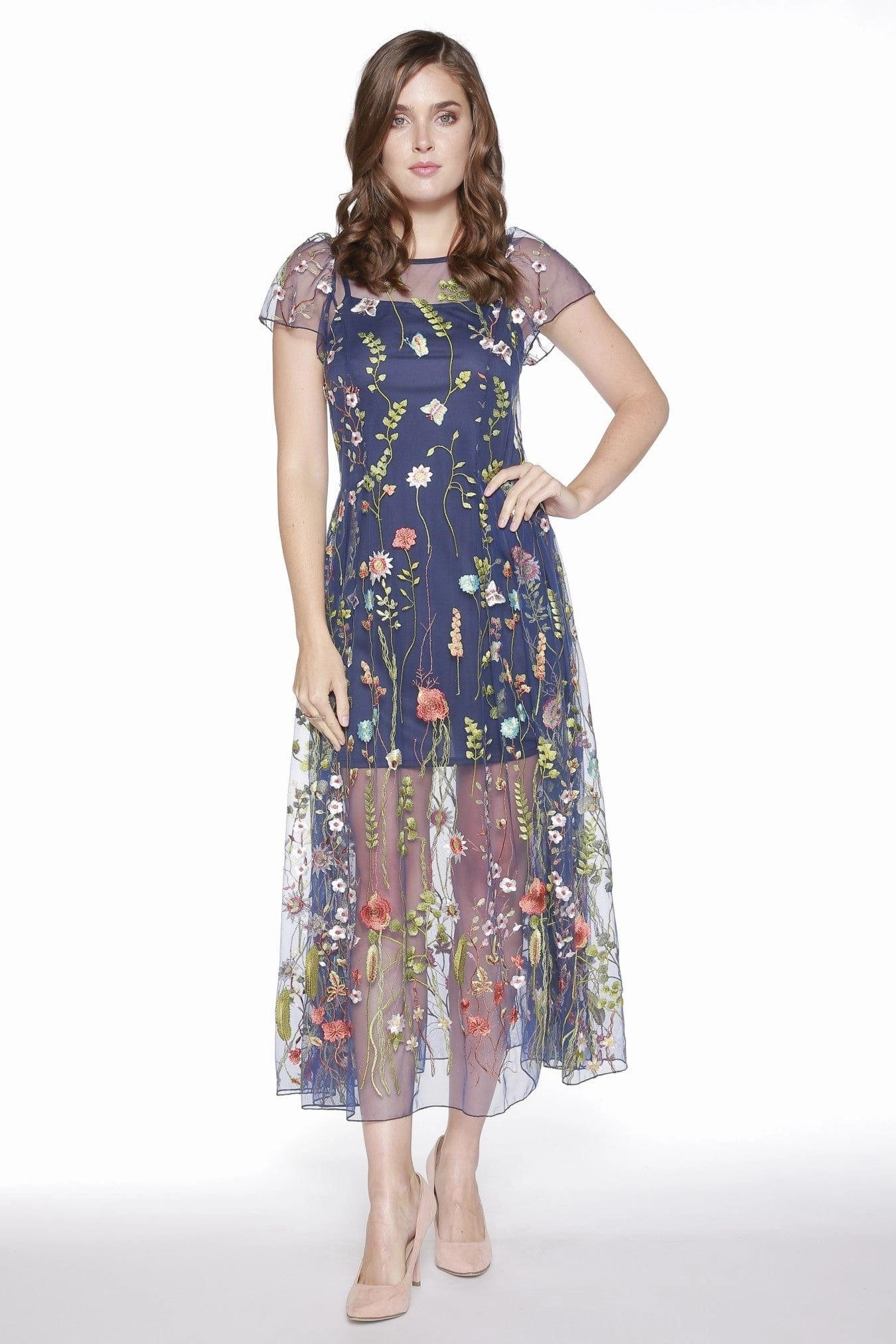 Erika Dress - Navy Floral Church Scene Party Safe
