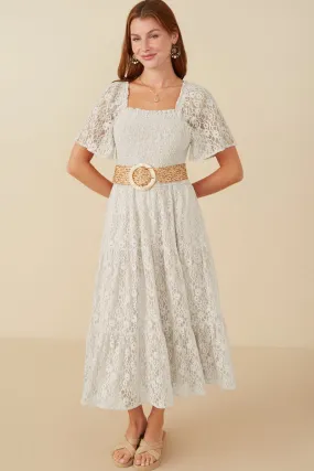 Easy Mood Mature Glam Floral Lace Smocked Short Sleeve Dress