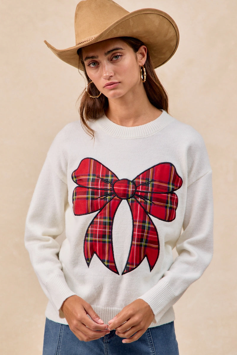 IP8254S-10 | CHRISTMAS PLAID BOW KNIT TOP Modest Light Formal Aura