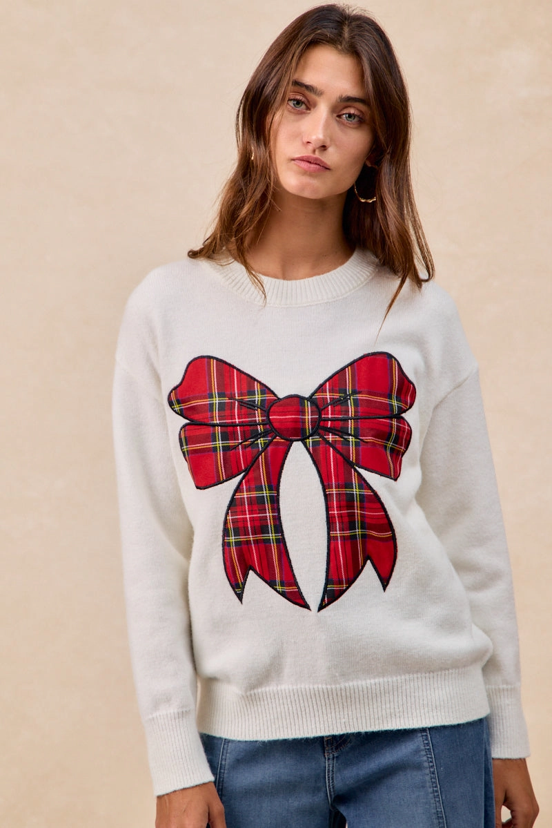 IP8254S-10 | CHRISTMAS PLAID BOW KNIT TOP New York