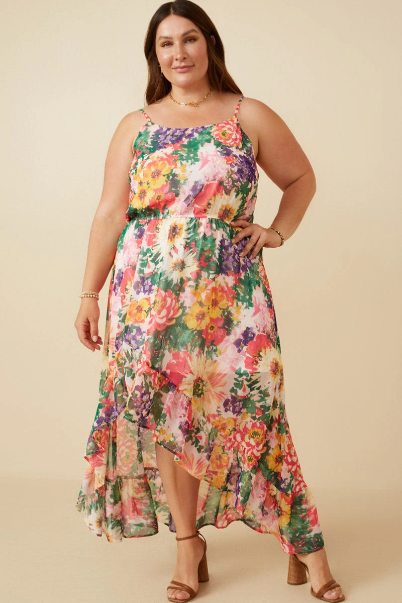 Vivid Floral Asymmetric Ruffle Hem Dress Bridal-Shower
