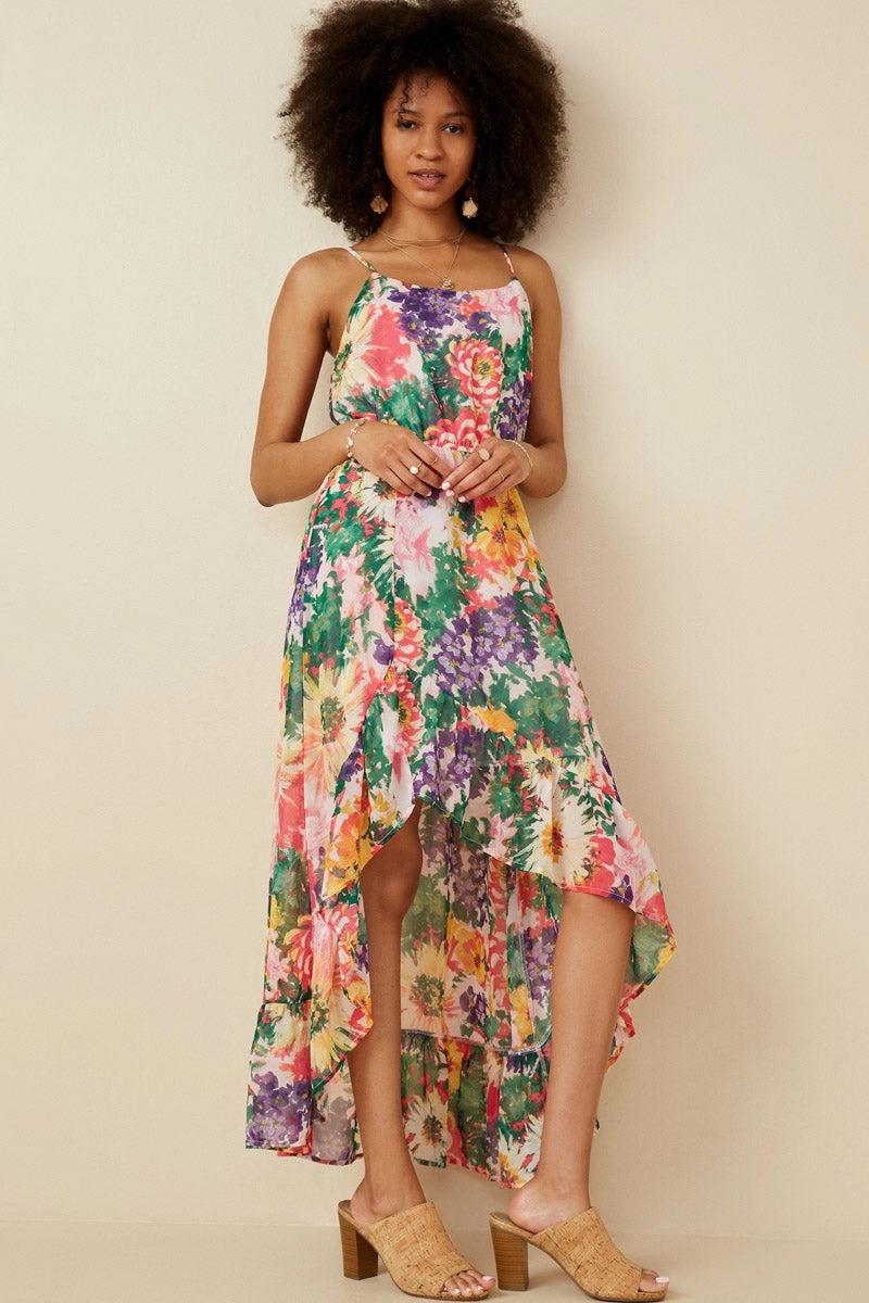Timeless-Classic Vivid Floral Asymmetric Ruffle Hem Dress