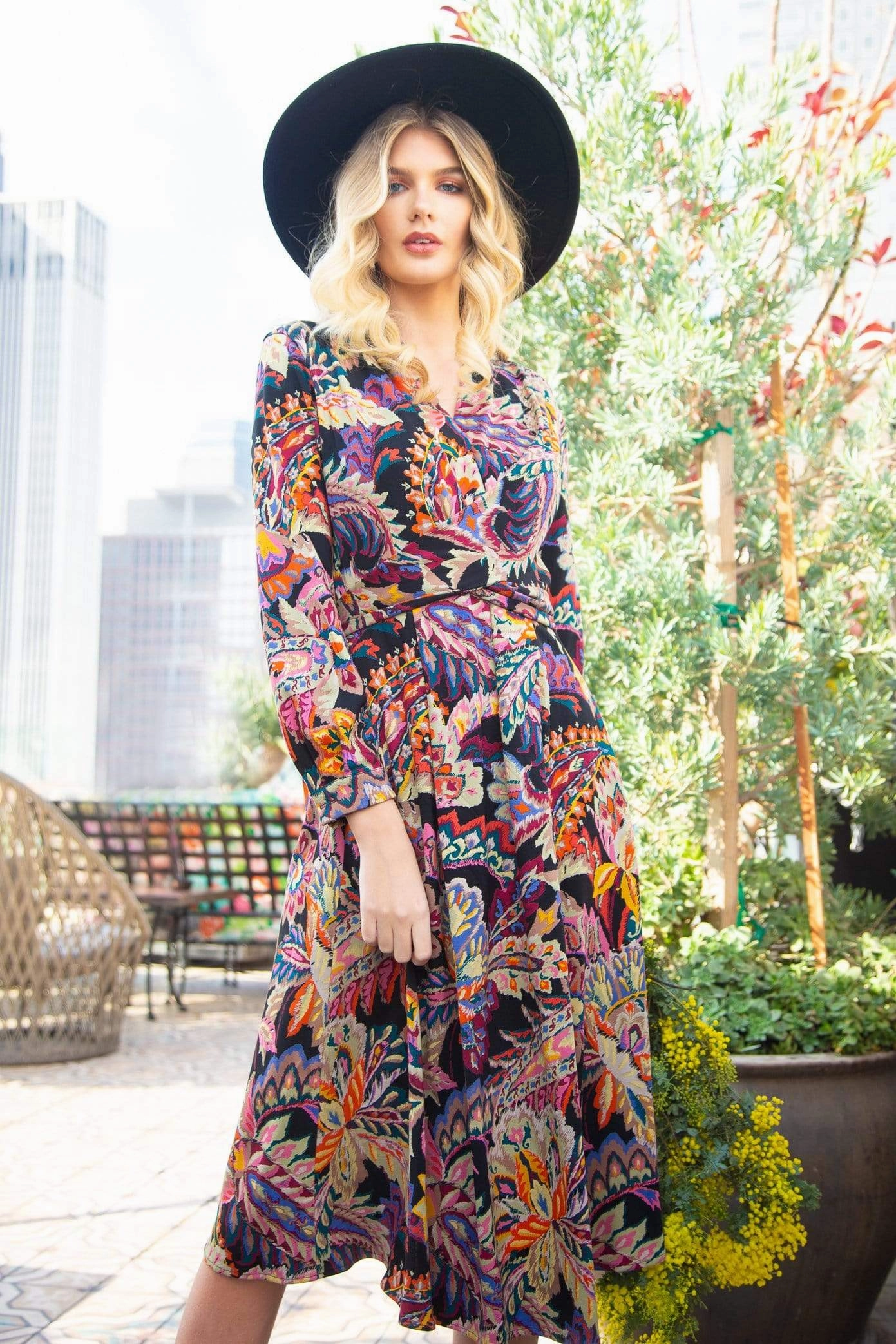 Eva Franco Dress Dena Front Wrap Dress in Damascus Printed Ponte