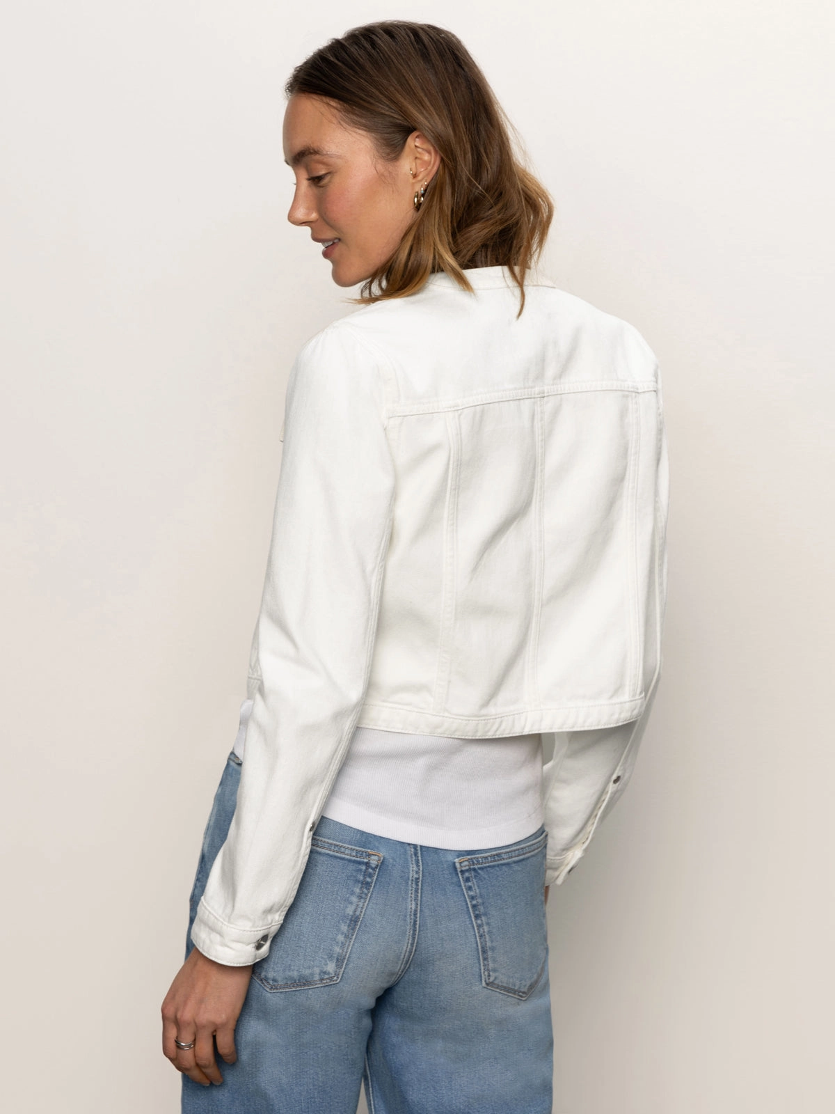 Denim Collarless Lady Jacket White read club
