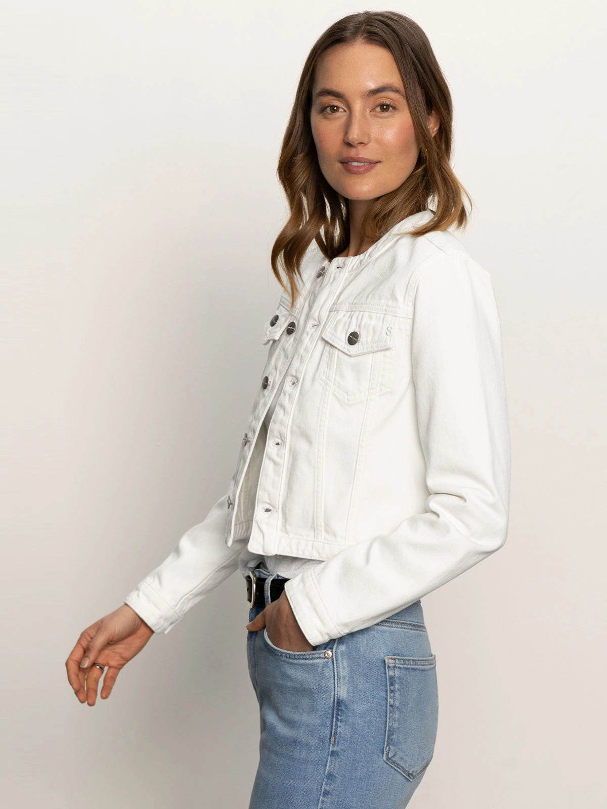 Denim Collarless Lady Jacket White read club