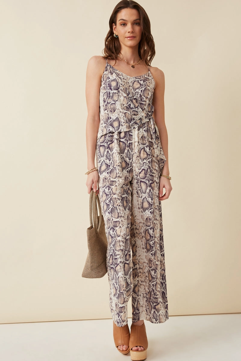 Surplice Tied Wide Leg Snake Print Jumpsuit Easy Flow
