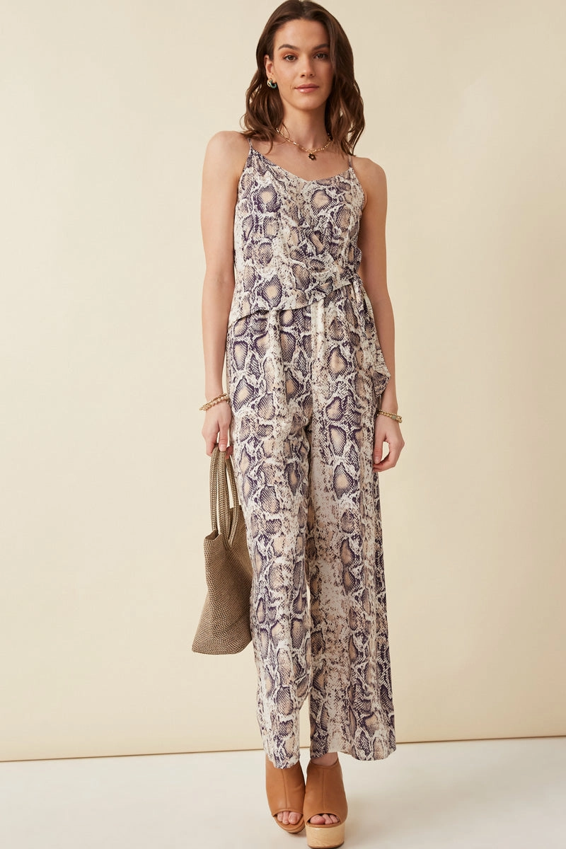 Signature Mood Surplice Tied Wide Leg Snake Print Jumpsuit