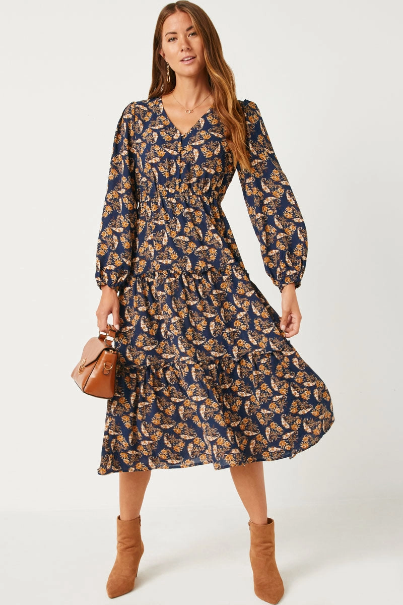 Smart Comfort V Neck Floral Paisley Print Long Sleeve Dress