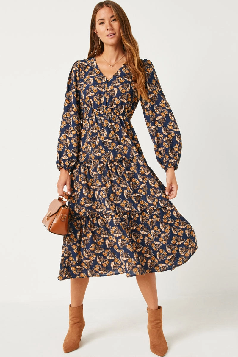 V Neck Floral Paisley Print Long Sleeve Dress hypoallergenic