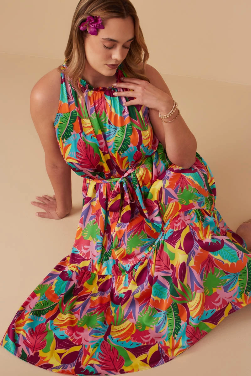 Vibrant color dress Body Confidence Tropical Satin Chiffon Self Belted Dress