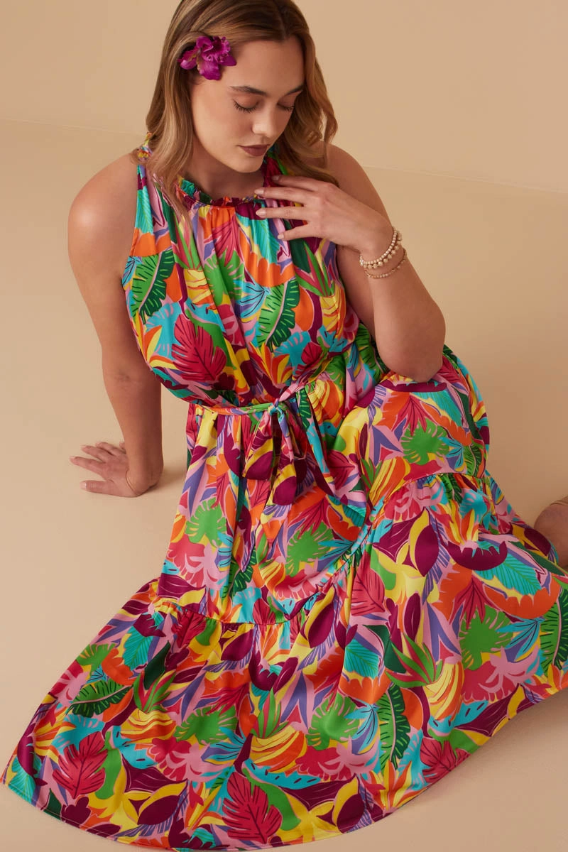 Tropical Satin Chiffon Self Belted Dress Luxe Look