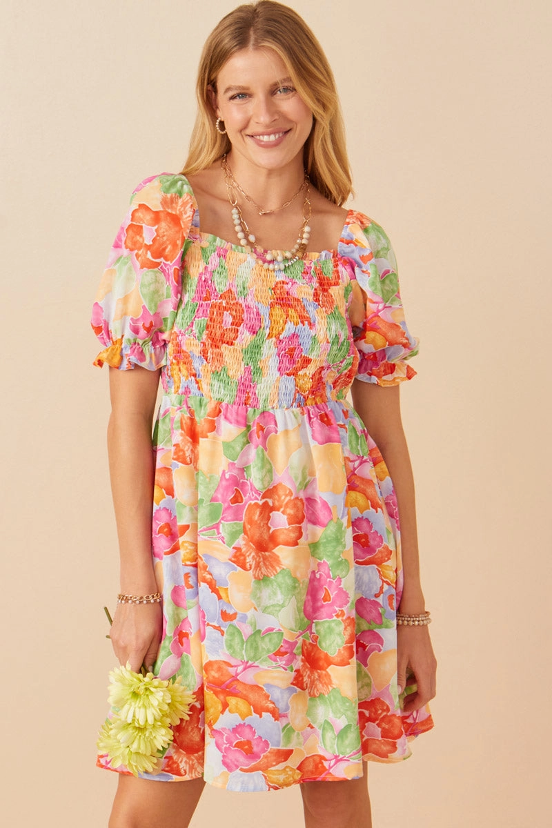 Bold Floral Smocked Square Neck Dress Texture Feel budget-friendly