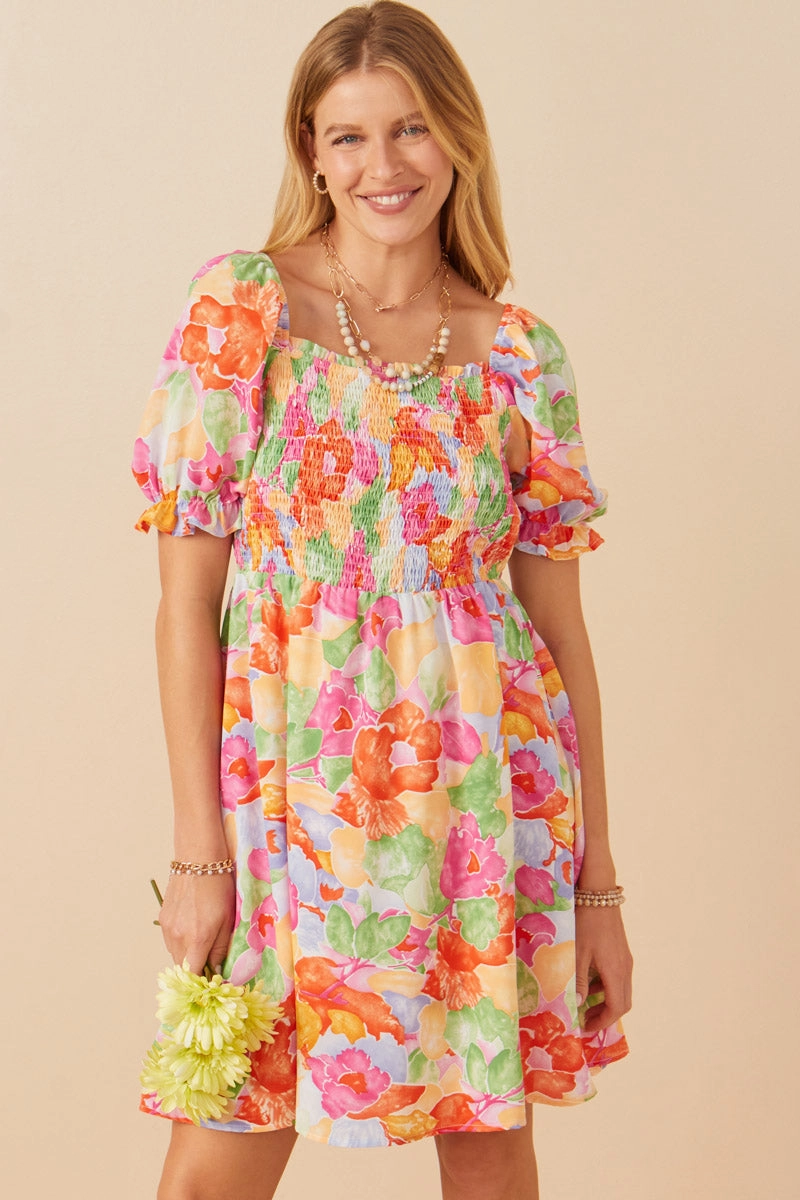 Cool Drape Photo Glow Bold Floral Smocked Square Neck Dress