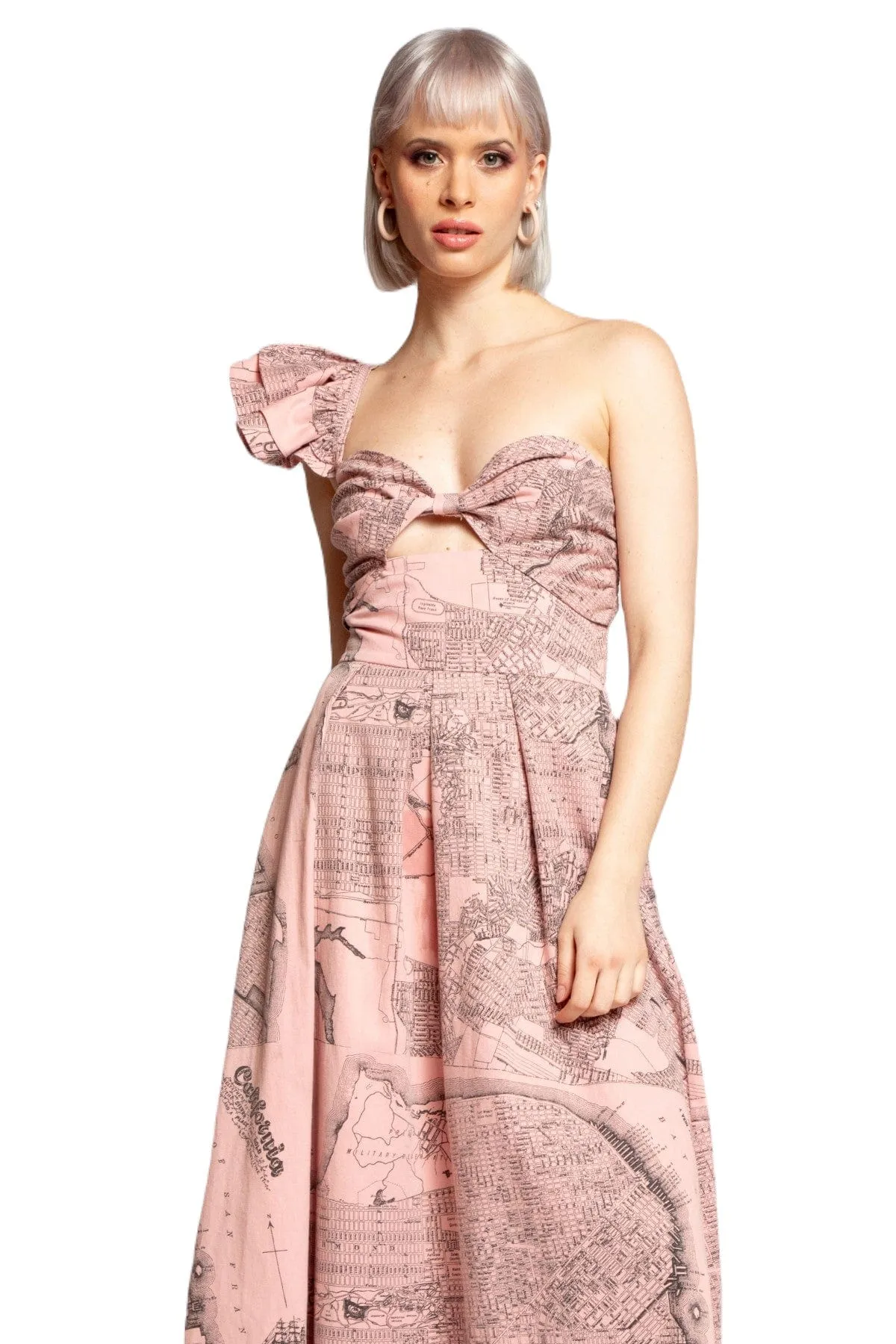 Dip Dye One-Shoulder Pleated Dress - California Map