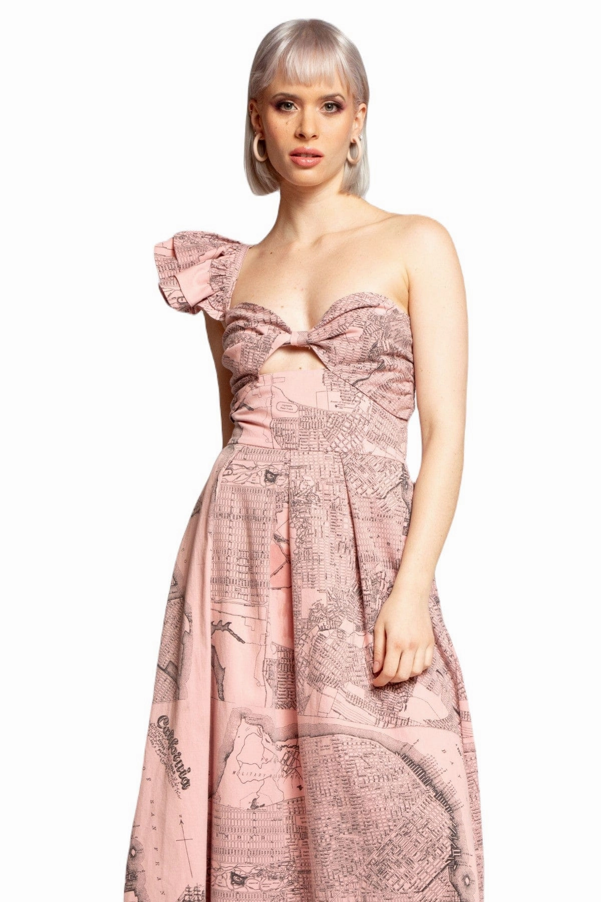 Dip Dye One-Shoulder Pleated Dress - California Map