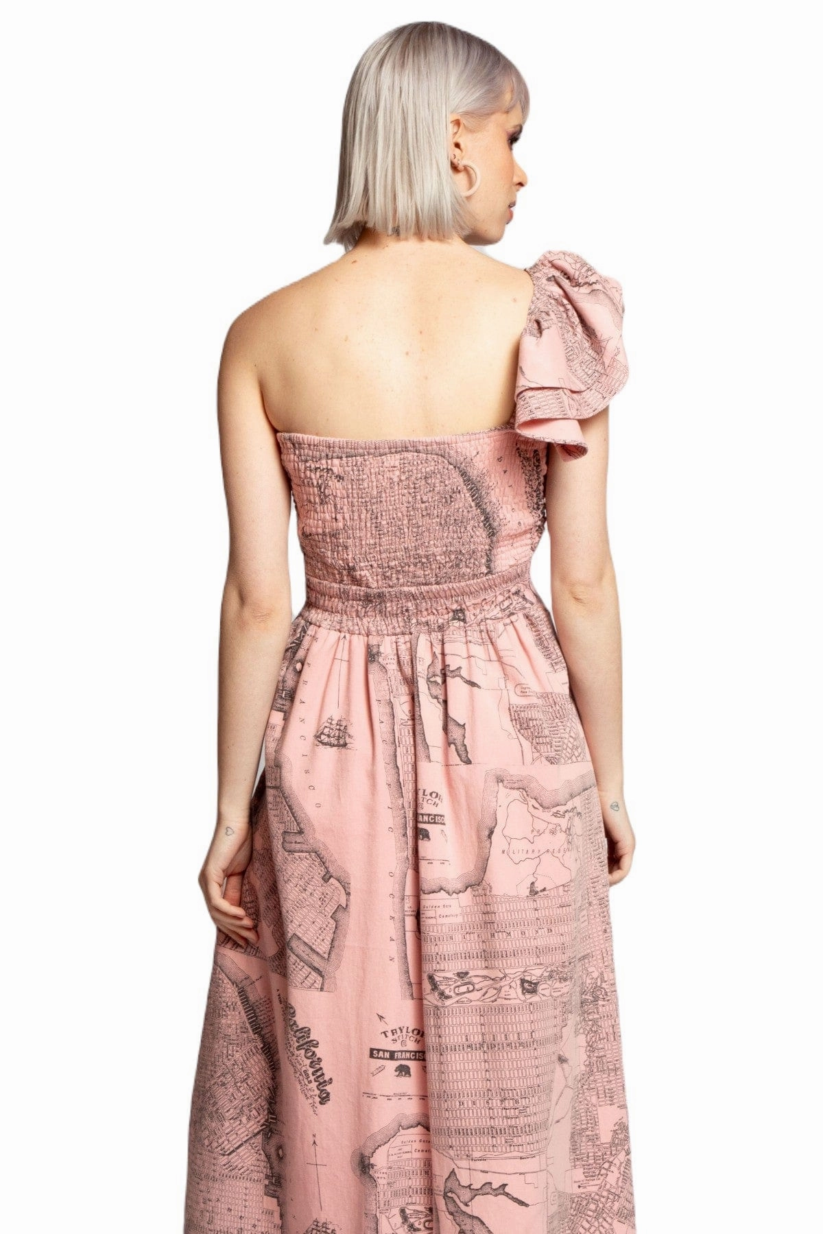 Dip Dye One-Shoulder Pleated Dress - California Map