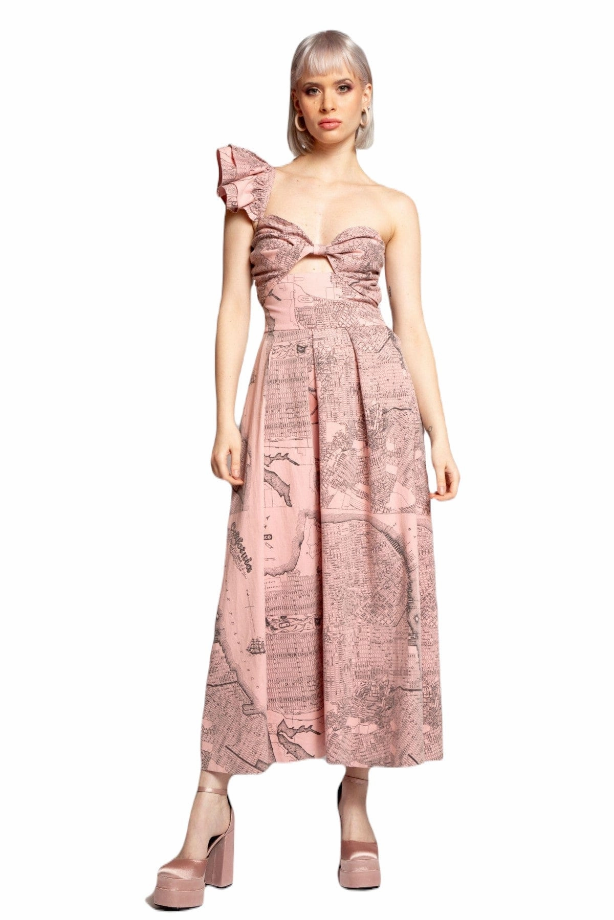 One-Shoulder Pleated Dress - California Map Refined Look