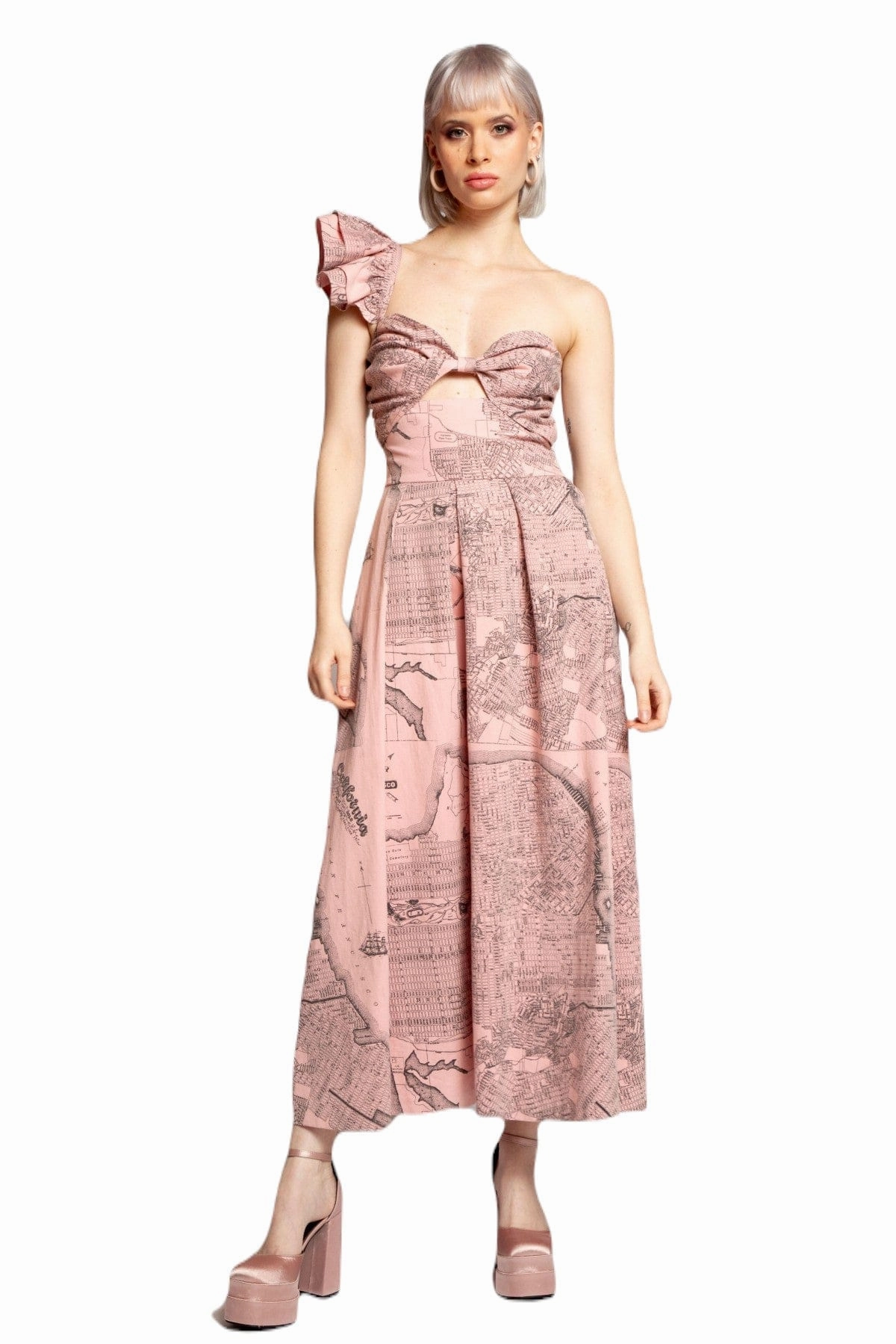 Dip Dye One-Shoulder Pleated Dress - California Map