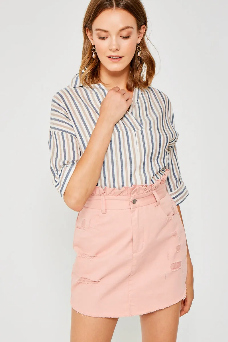 Distressed Paperbag Denim Skirt Core Movement Wrinkle-Resistant