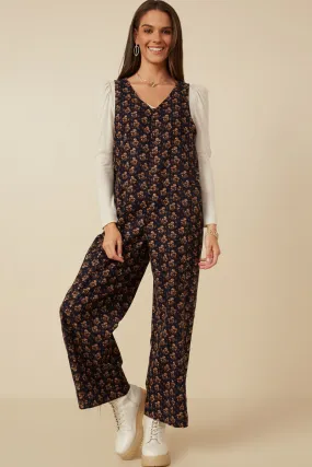 Clean Lines Eye Catching Ditsy Floral V Neck Sleeveless Corduroy Jumpsuit