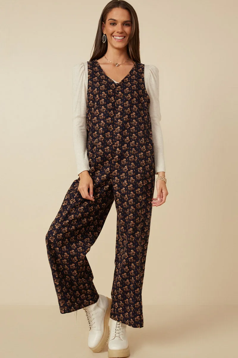 Soft Neutral Ditsy Floral V Neck Sleeveless Corduroy Jumpsuit